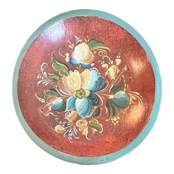 Vtg Rosemaling Hand Painted Wooden Decorative Bowl 9" Folk Art Made Weston VT US - Picture 2 of 7